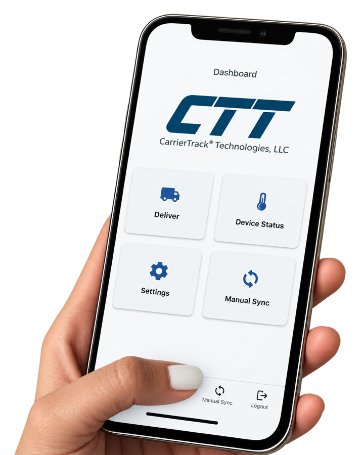 A hand holding a phone showing the CarrierTrack app dashboard with Deliver, Device Status, Settings and Manual Sync