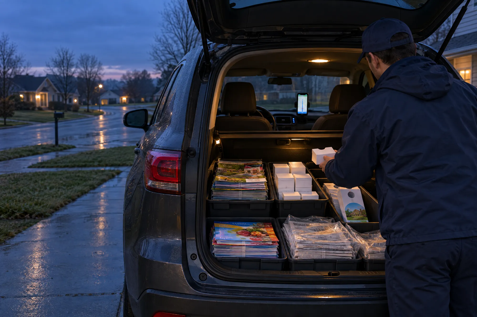 A carrier loads product samples from the sorted cargo area of his car, the route map on a phone on the dashboard